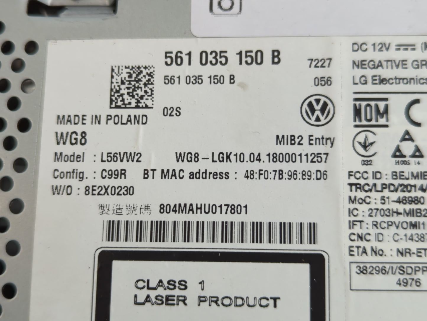 2018 Volkswagen Passat Radio AM FM Cd Player Receiver Replacement P/N:561 035 150 B Fits Fits 2019 OEM Used Auto Parts - Oem