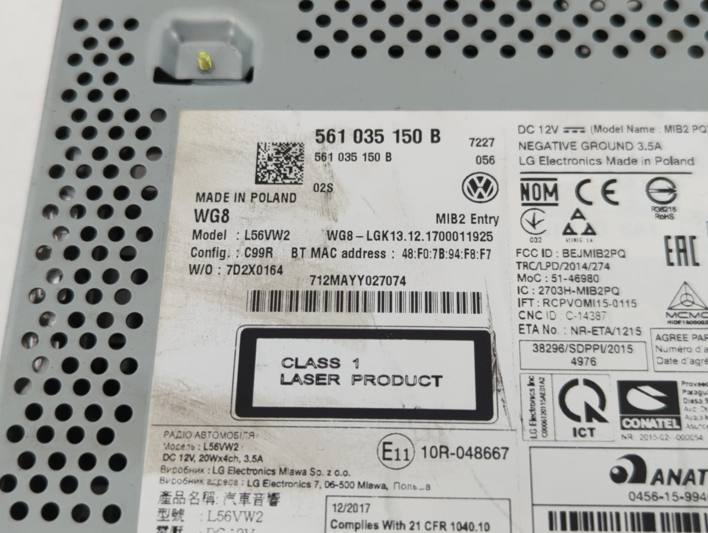 2018 Volkswagen Tiguan Radio AM FM Cd Player Receiver Replacement P/N:561 035 150 B Fits Fits 2019 OEM Used Auto Parts - Oem