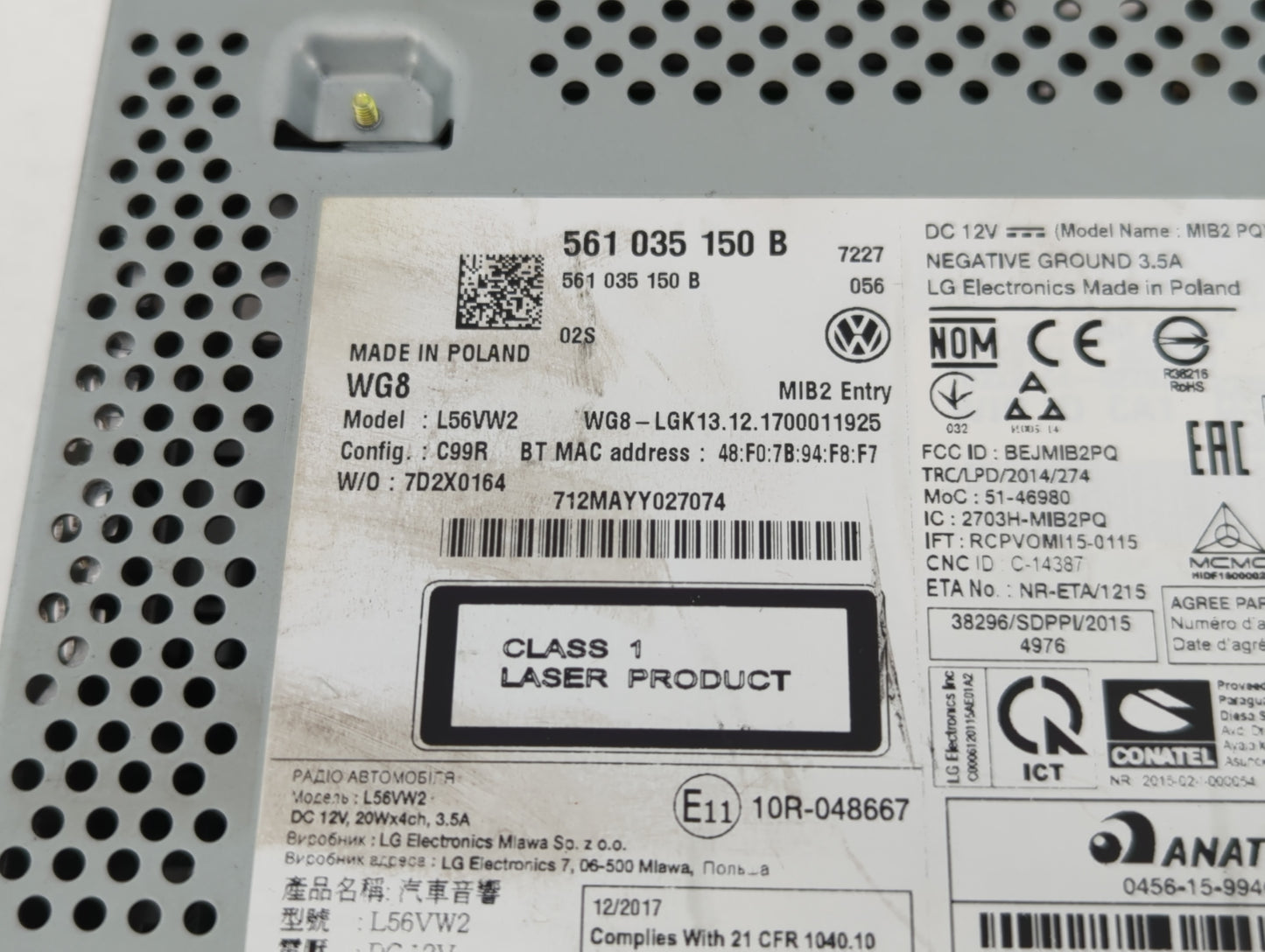 2018 Volkswagen Tiguan Radio AM FM Cd Player Receiver Replacement P/N:561 035 150 B Fits Fits 2019 OEM Used Auto Parts - Oem