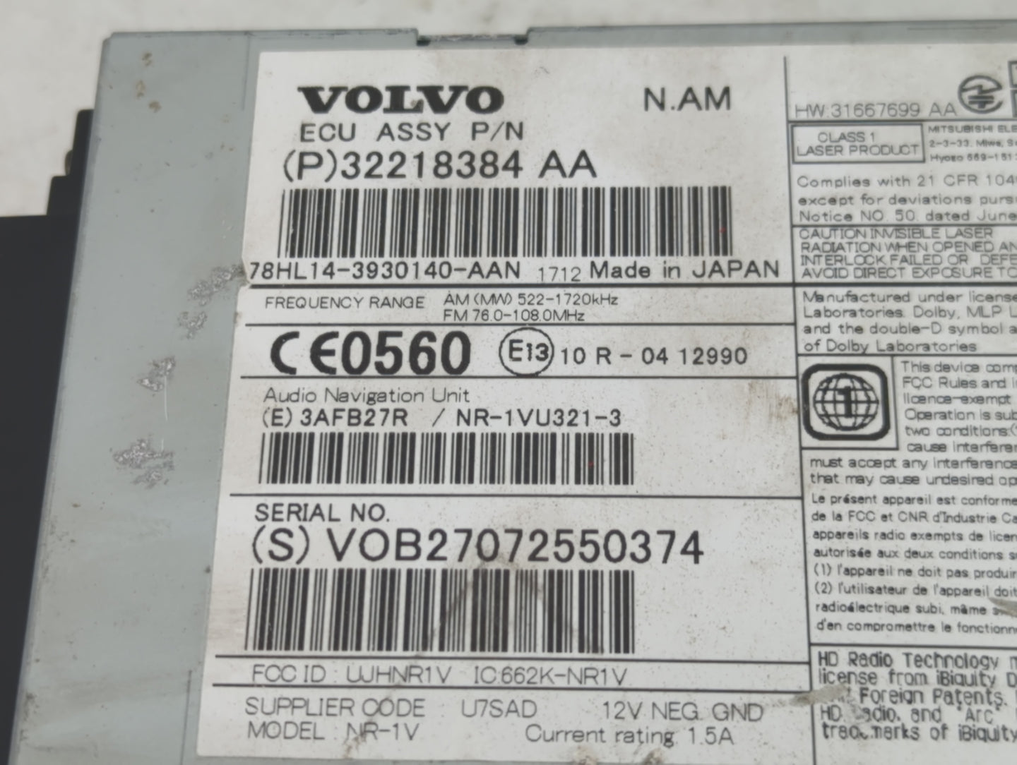 2016-2018 Volvo S60 Radio AM FM Cd Player Receiver Replacement P/N:32218384AA 31667699 Fits Fits 2015 2016 2017 2018 OEM Use