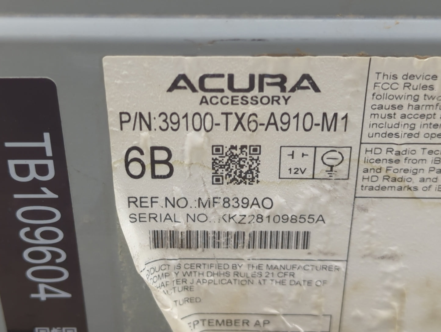 2019-2022 Acura Ilx Radio AM FM Cd Player Receiver Replacement P/N:39100-TX6-A910-M1 Fits Fits 2019 2020 2021 2022 OEM Used 