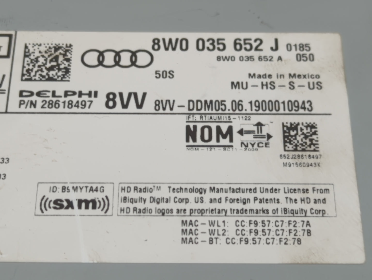 2019 Audi Q5 Radio AM FM Cd Player Receiver Replacement P/N:8W0 035 652 J Fits OEM Used Auto Parts - Oemusedautoparts1.com