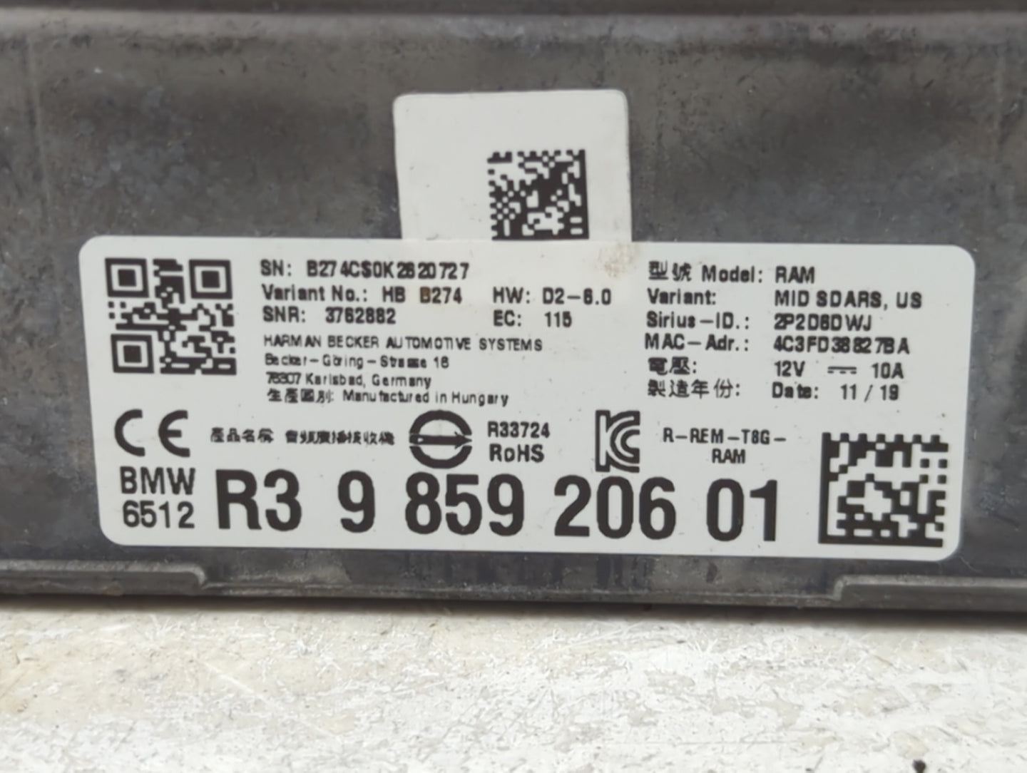 2019-2021 Bmw 330i Radio AM FM Cd Player Receiver Replacement P/N:9859206 B274C50K2620727, HBB274 Fits Fits 2019 2020 2021 2