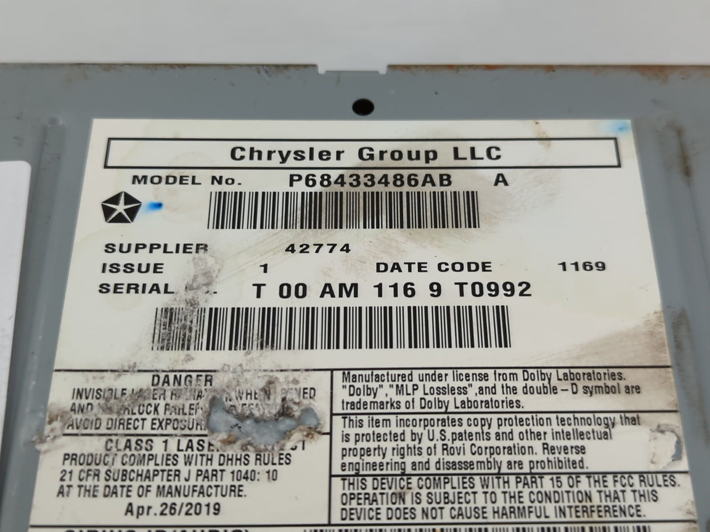 2019 Dodge Caravan Radio AM FM Cd Player Receiver Replacement P/N:P68433486AB Fits Fits 2012 2013 2014 2015 2016 2017 2018 2