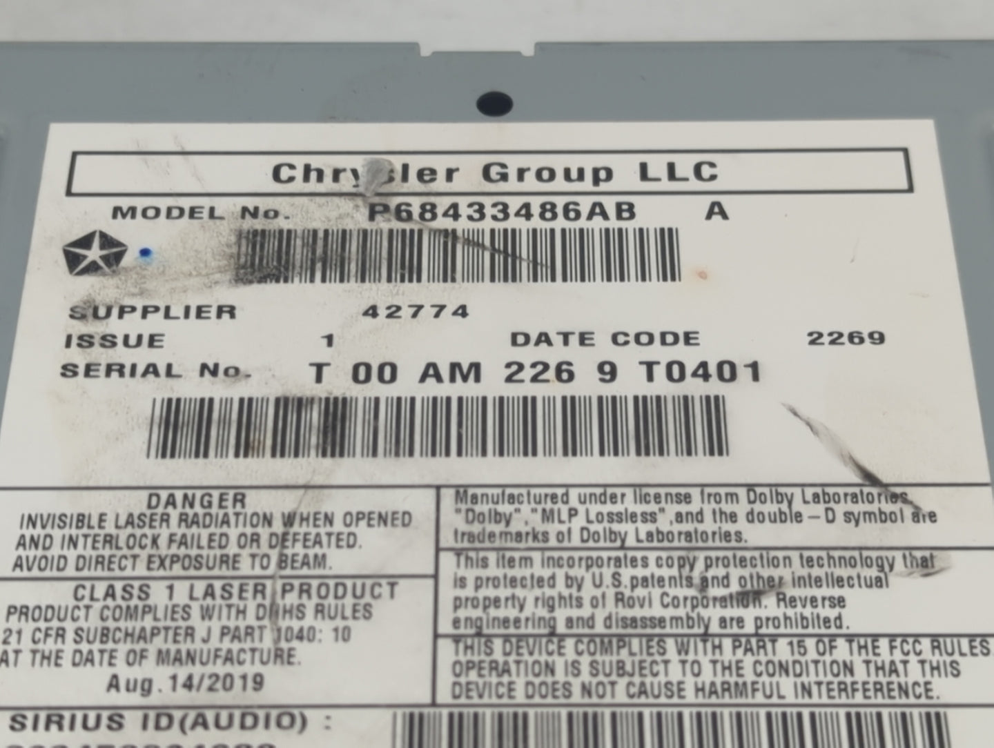 2019 Dodge Caravan Radio AM FM Cd Player Receiver Replacement P/N:68433486AB Fits Fits 2012 2013 2014 2015 2016 2017 2018 20