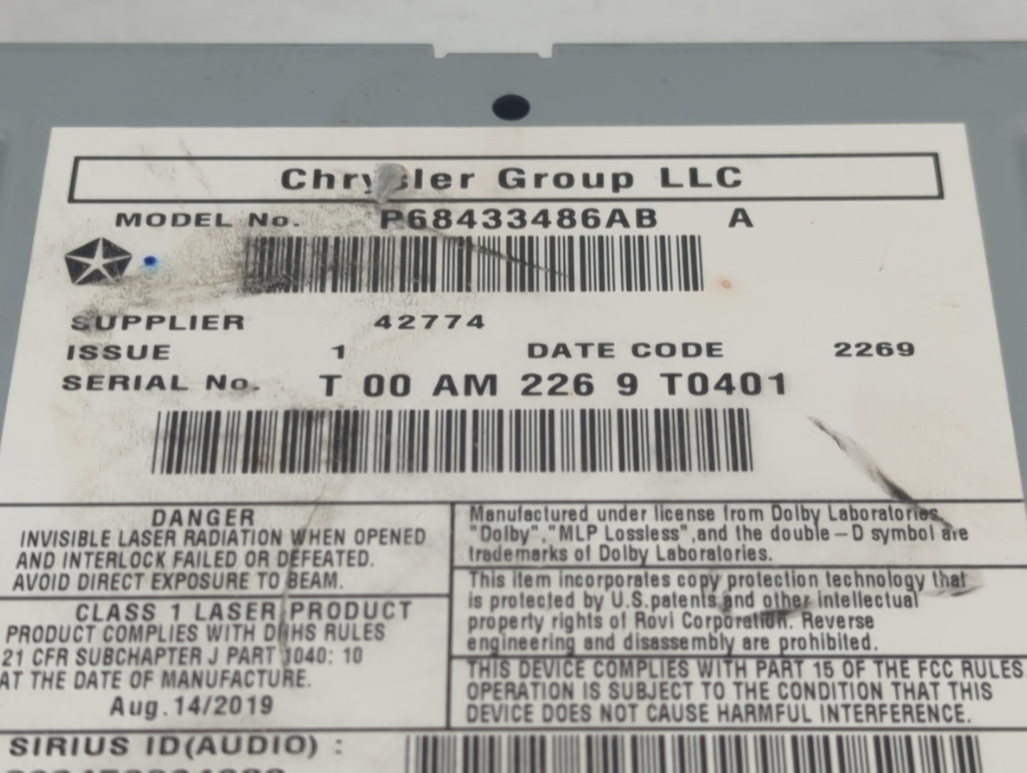 2019 Dodge Caravan Radio AM FM Cd Player Receiver Replacement P/N:68433486AB Fits Fits 2012 2013 2014 2015 2016 2017 2018 20