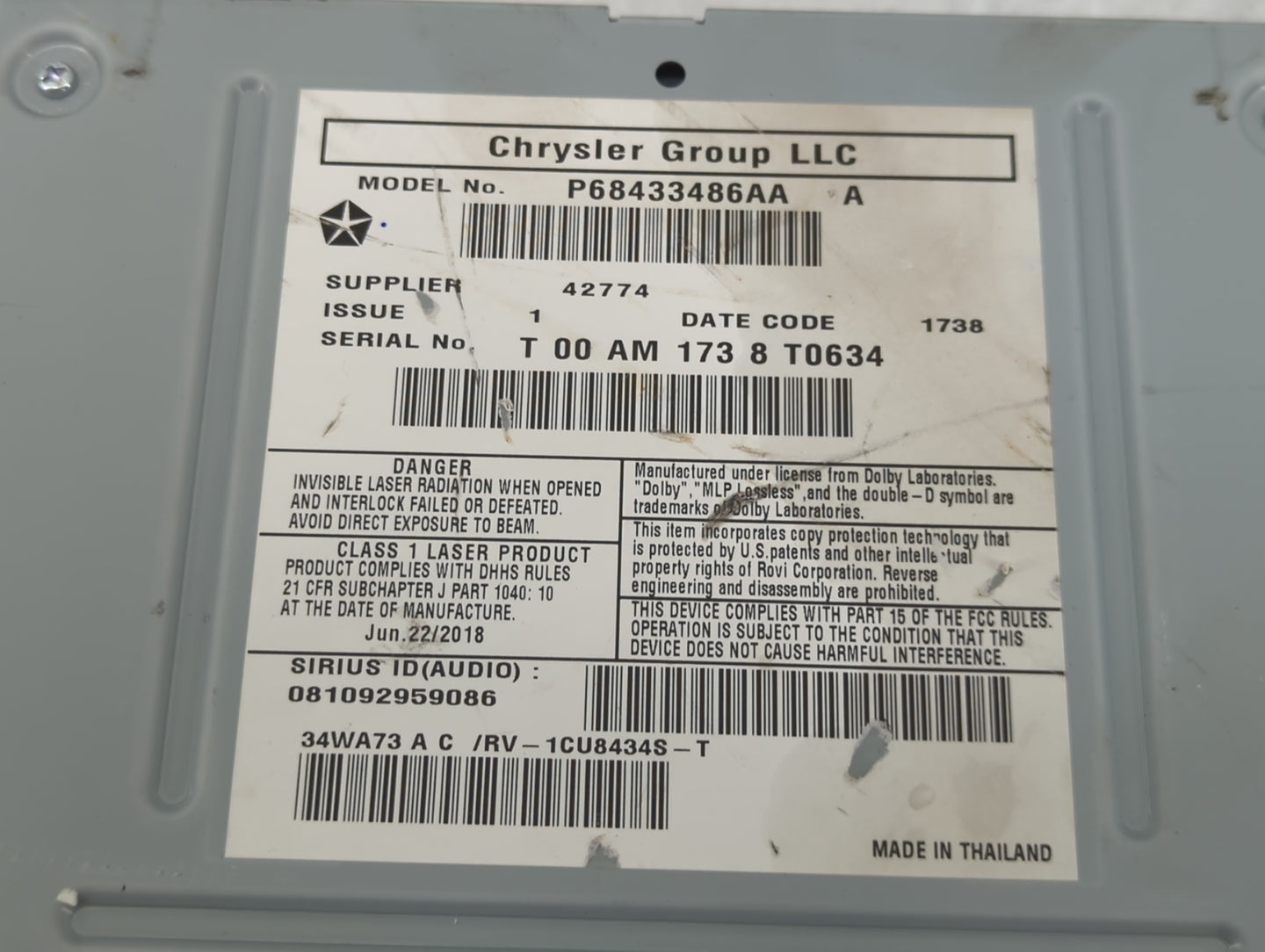 2019 Dodge Caravan Radio AM FM Cd Player Receiver Replacement P/N:P68433486AA Fits Fits 2012 2013 2014 2015 2016 2017 2018 2
