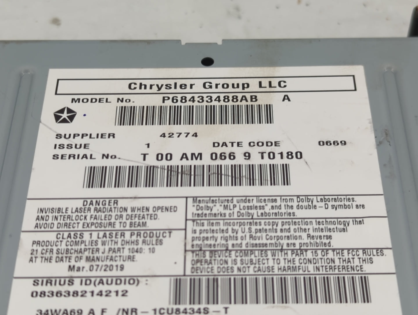 2019 Dodge Caravan Radio AM FM Cd Player Receiver Replacement P/N:P68433488AB Fits Fits 2012 2013 2014 2015 2016 2017 2018 2