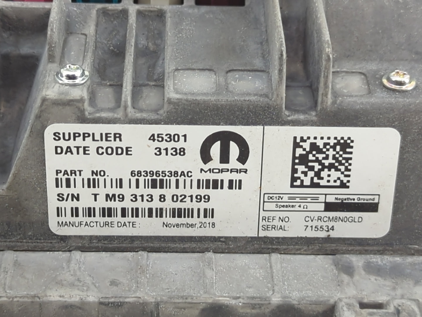 2018-2019 Dodge Charger Radio AM FM Cd Player Receiver Replacement P/N:68396538AC CV-RCM8N0GLD Fits Fits 2018 2019 OEM Used 