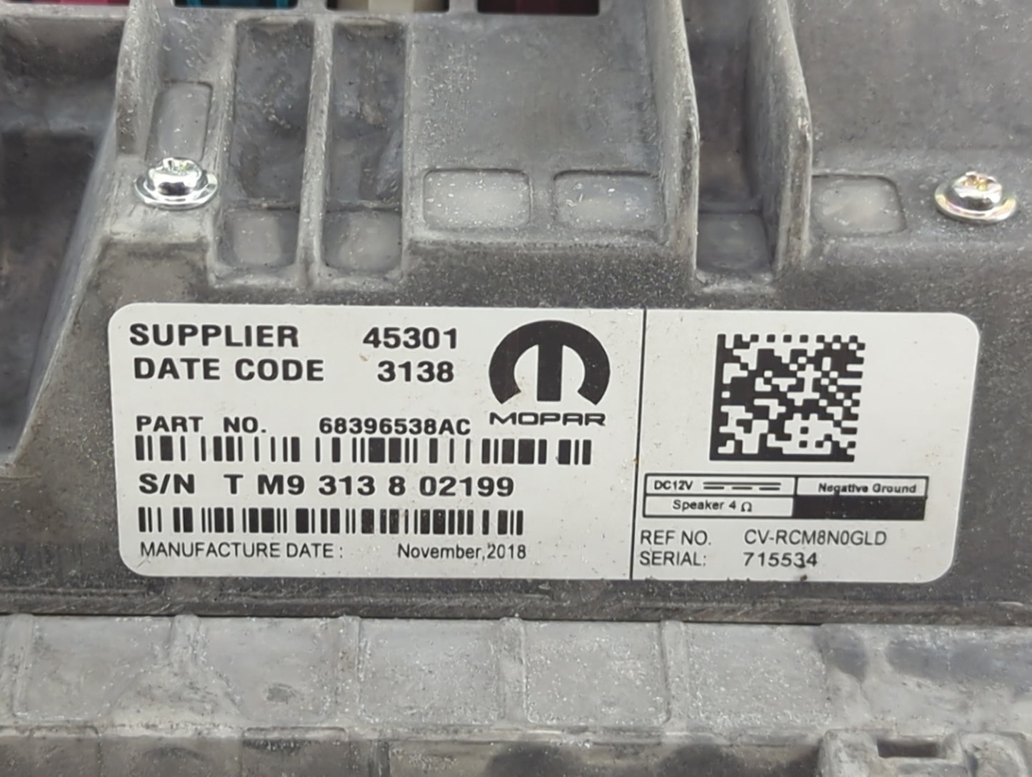 2018-2019 Dodge Charger Radio AM FM Cd Player Receiver Replacement P/N:68396538AC CV-RCM8N0GLD Fits Fits 2018 2019 OEM Used 