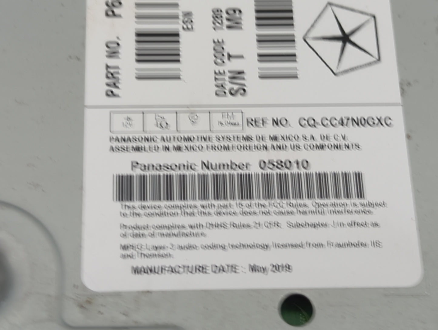 2018-2020 Dodge Journey Radio AM FM Cd Player Receiver Replacement P/N:P68342287AC CQ-CC47N0GXC, 058010 Fits Fits 2018 2019 