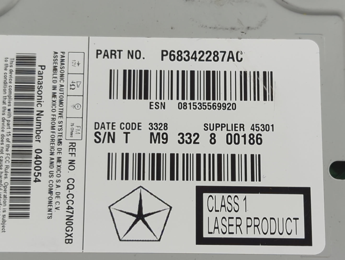 2018-2020 Dodge Journey Radio AM FM Cd Player Receiver Replacement P/N:P68342287AC CQ-CC47N0GXB Fits Fits 2018 2019 2020 OEM