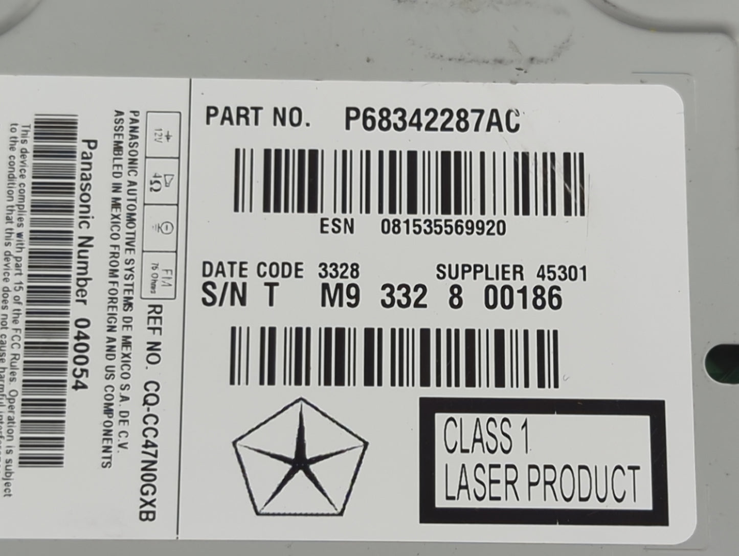 2018-2020 Dodge Journey Radio AM FM Cd Player Receiver Replacement P/N:P68342287AC CQ-CC47N0GXB Fits Fits 2018 2019 2020 OEM