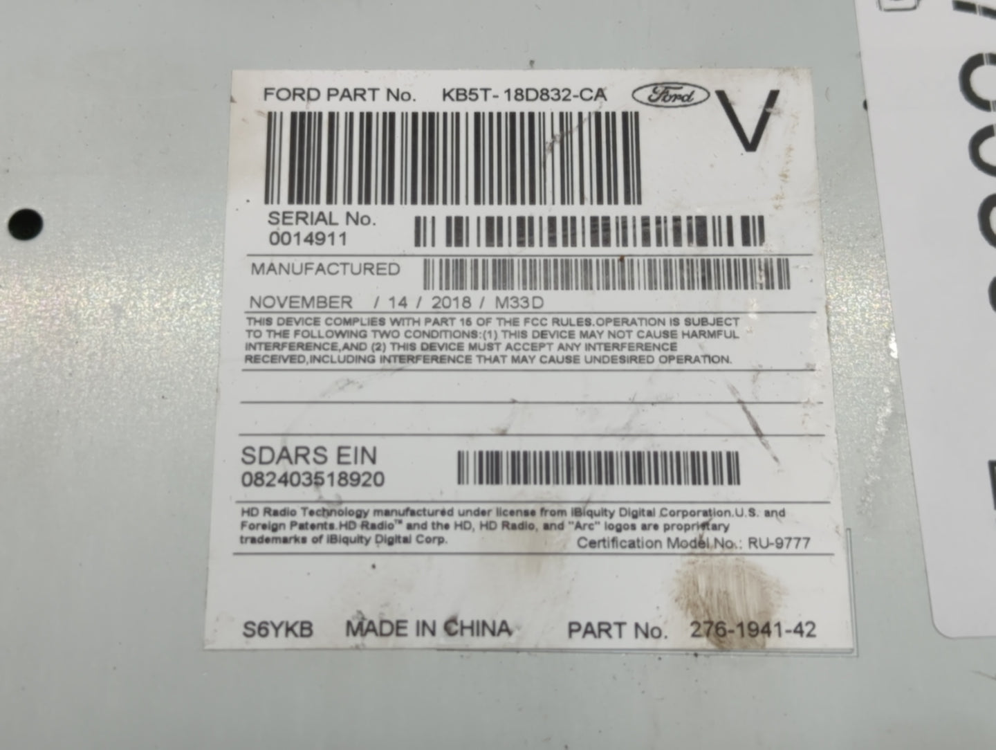 2019 Ford Explorer Radio AM FM Cd Player Receiver Replacement P/N:KB5T-18D832-CA Fits OEM Used Auto Parts - Oemusedautoparts