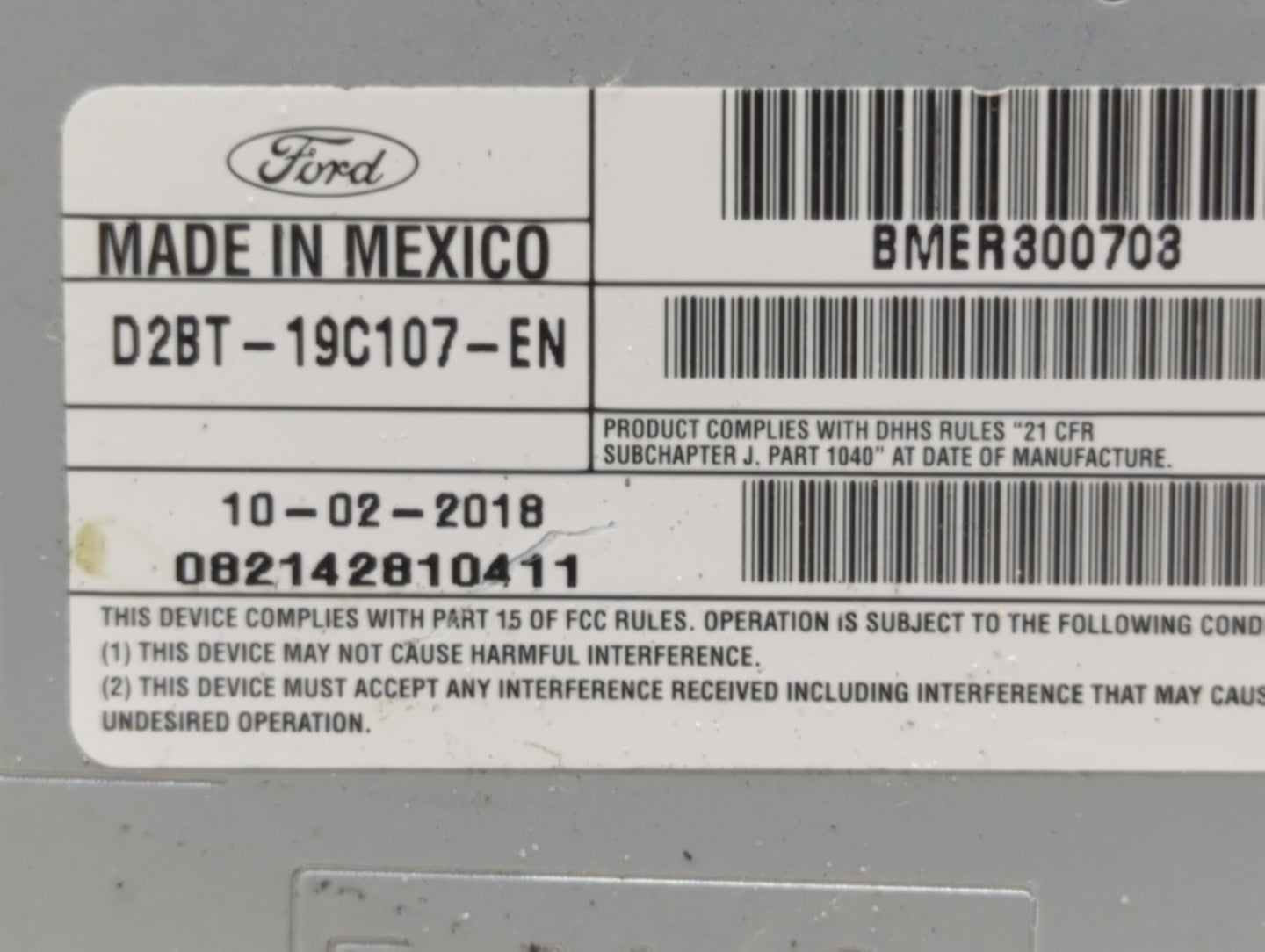 2018-2019 Ford Fiesta Radio AM FM Cd Player Receiver Replacement P/N:D2BT-19C107-EN BMER300703 Fits Fits 2018 2019 OEM Used 