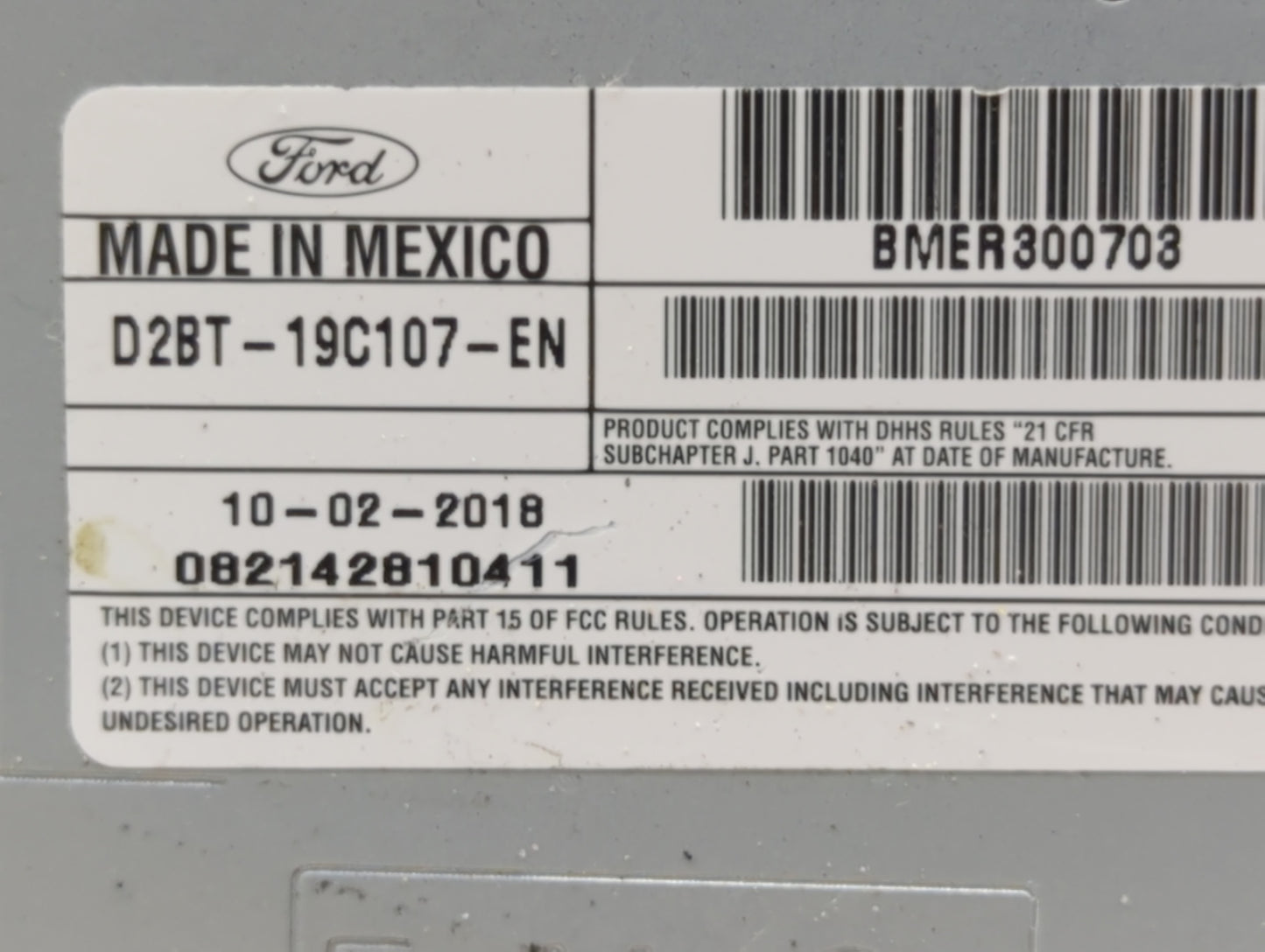 2018-2019 Ford Fiesta Radio AM FM Cd Player Receiver Replacement P/N:D2BT-19C107-EN BMER300703 Fits Fits 2018 2019 OEM Used 