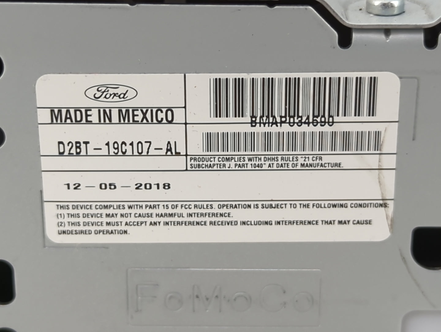 2018-2019 Ford Fiesta Radio AM FM Cd Player Receiver Replacement P/N:D2BT-19C107-AL Fits Fits 2018 2019 OEM Used Auto Parts 