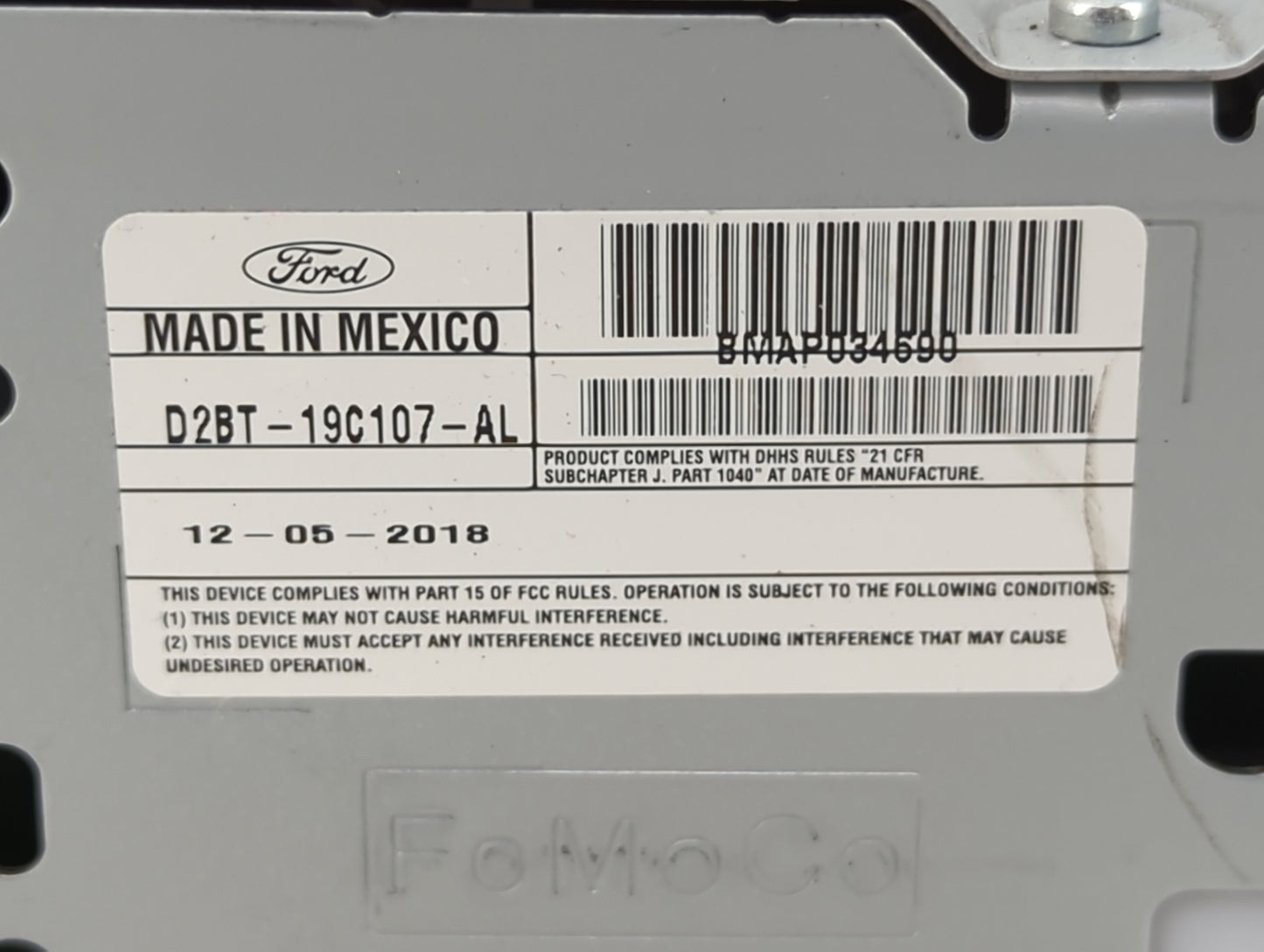 2018-2019 Ford Fiesta Radio AM FM Cd Player Receiver Replacement P/N:D2BT-19C107-AL Fits Fits 2018 2019 OEM Used Auto Parts 
