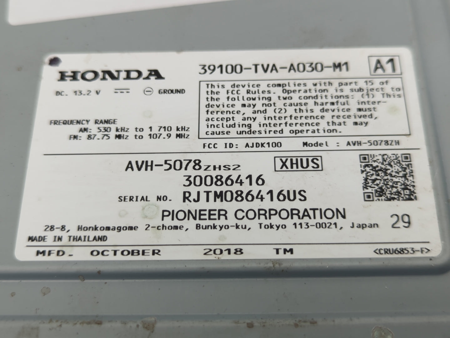 2018-2020 Honda Accord Radio AM FM Cd Player Receiver Replacement P/N:39100-TVA-A030-M1 Fits Fits 2018 2019 2020 OEM Used Au