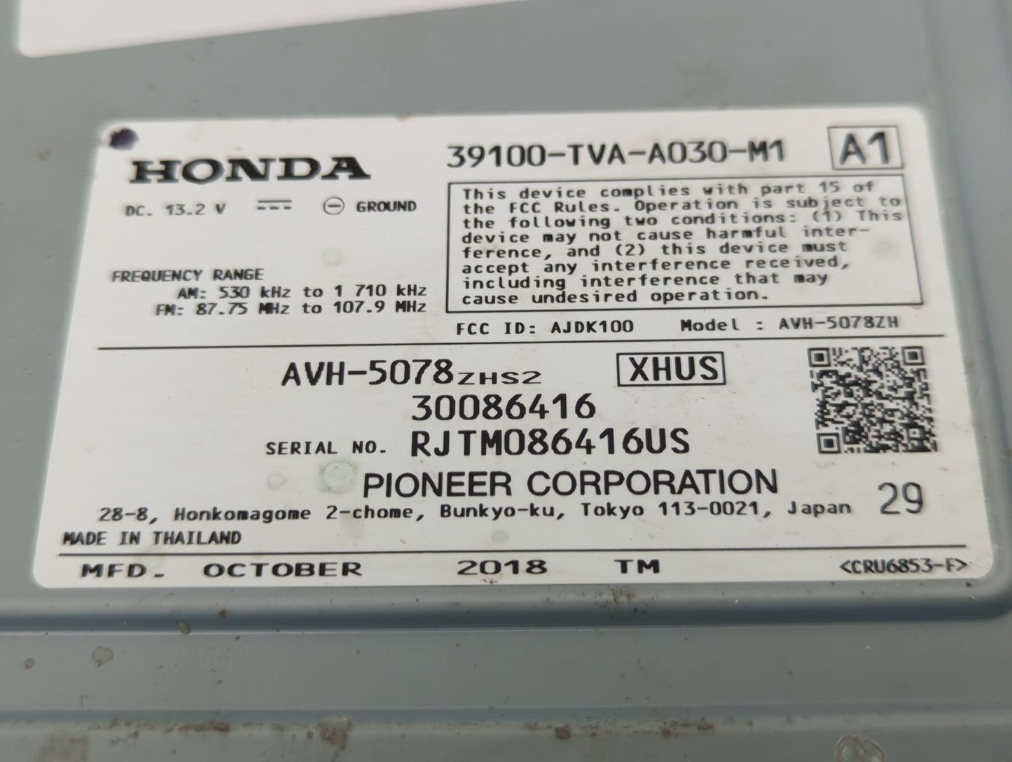 2018-2020 Honda Accord Radio AM FM Cd Player Receiver Replacement P/N:39100-TVA-A030-M1 Fits Fits 2018 2019 2020 OEM Used Au