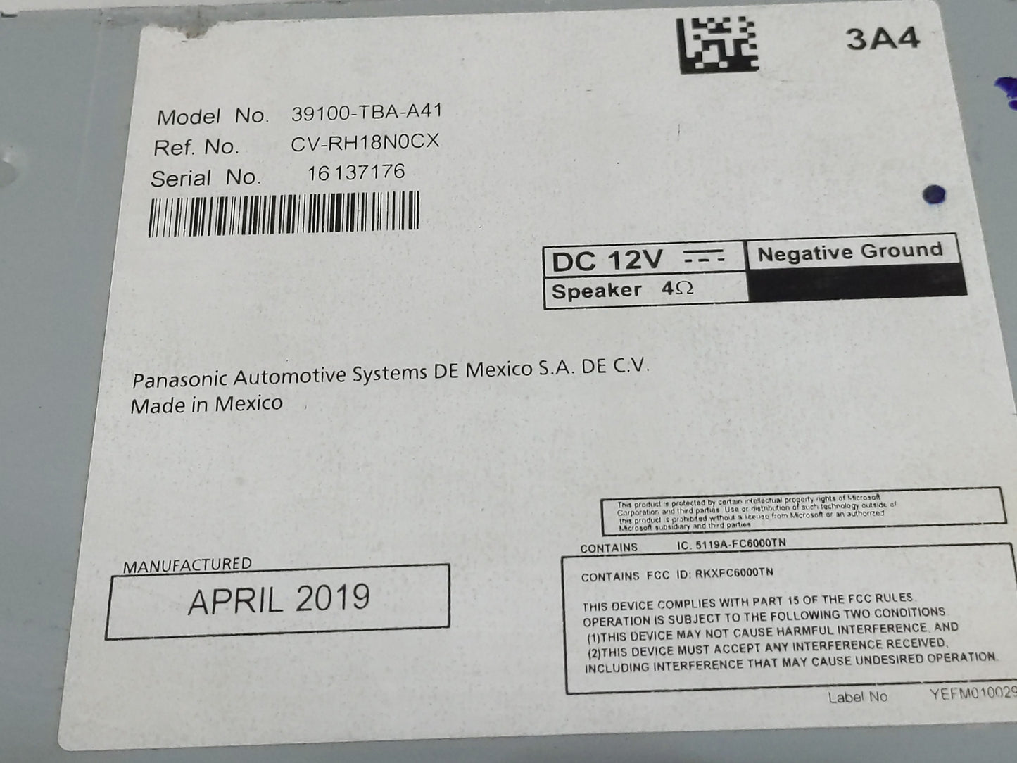 2019-2021 Honda Civic Radio AM FM Cd Player Receiver Replacement P/N:39100-TBA-A41 Fits Fits 2019 2020 2021 OEM Used Auto Pa