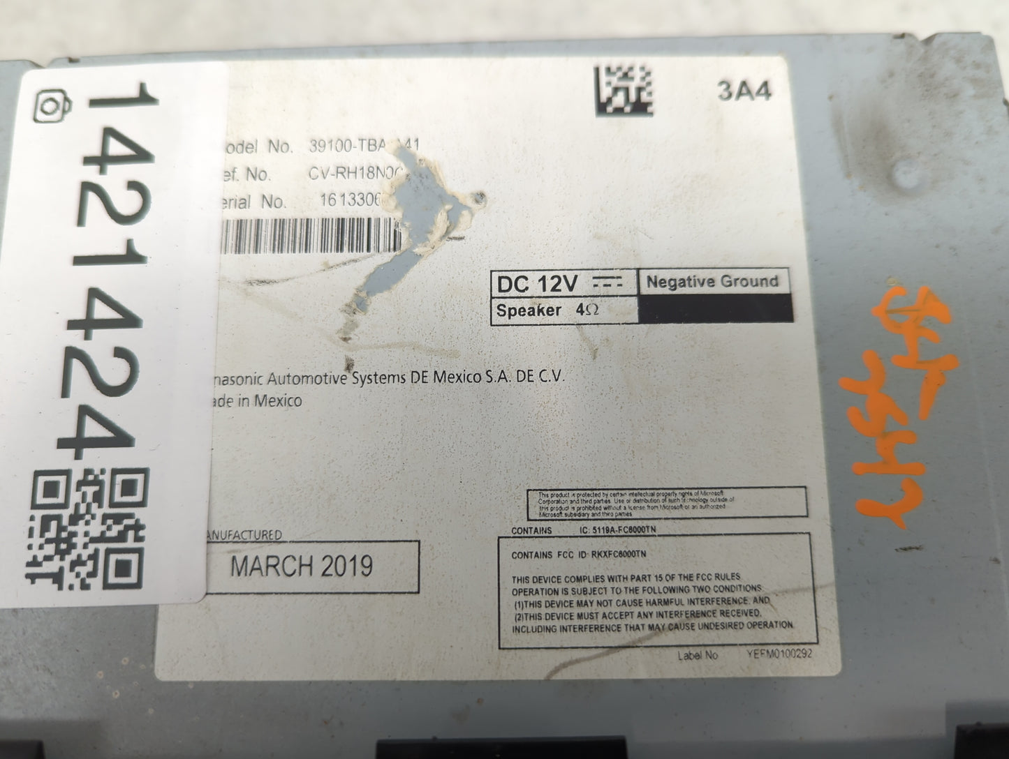 2019-2021 Honda Civic Radio AM FM Cd Player Receiver Replacement P/N:39100-TBA-A41 Fits Fits 2019 2020 2021 OEM Used Auto Pa