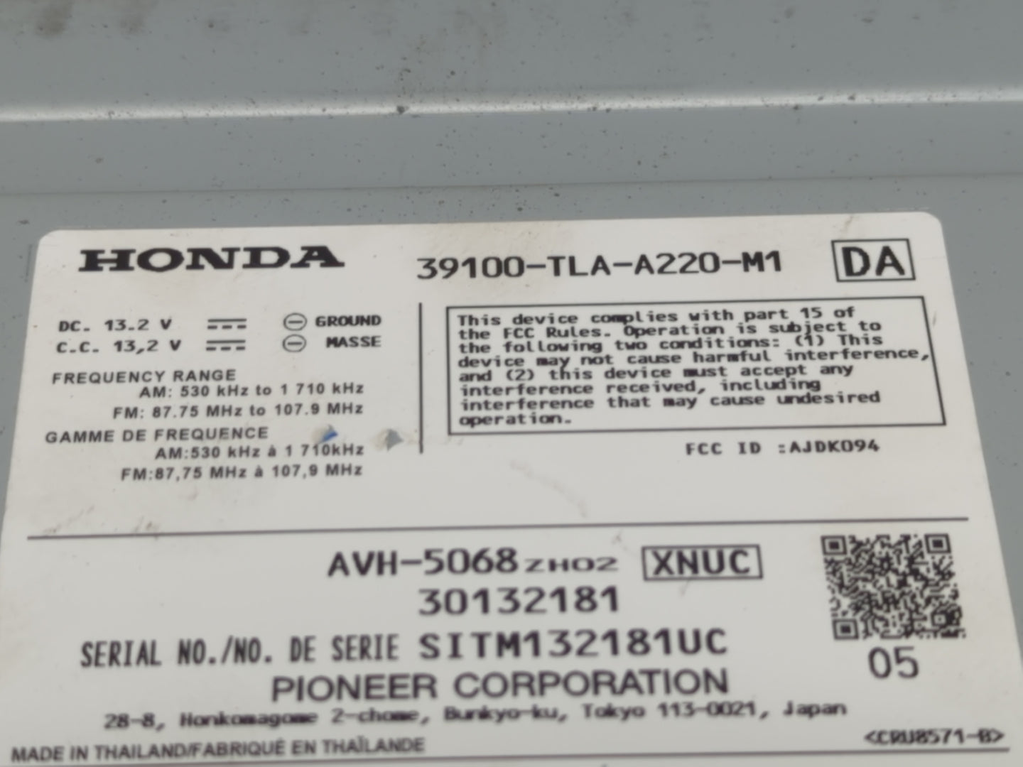 2018-2021 Honda Cr-V Radio AM FM Cd Player Receiver Replacement P/N:39100-TLA-A220-M1 Fits Fits 2018 2019 2020 2021 OEM Used