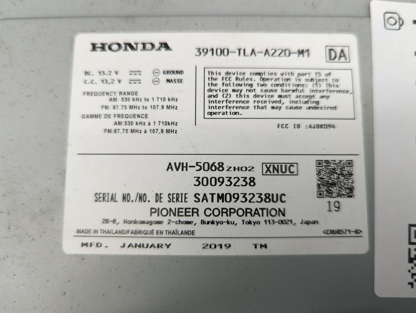 2018-2021 Honda Cr-V Radio AM FM Cd Player Receiver Replacement P/N:39100-TLA-A220-M1 AJDKO94 Fits Fits 2018 2019 2020 2021 