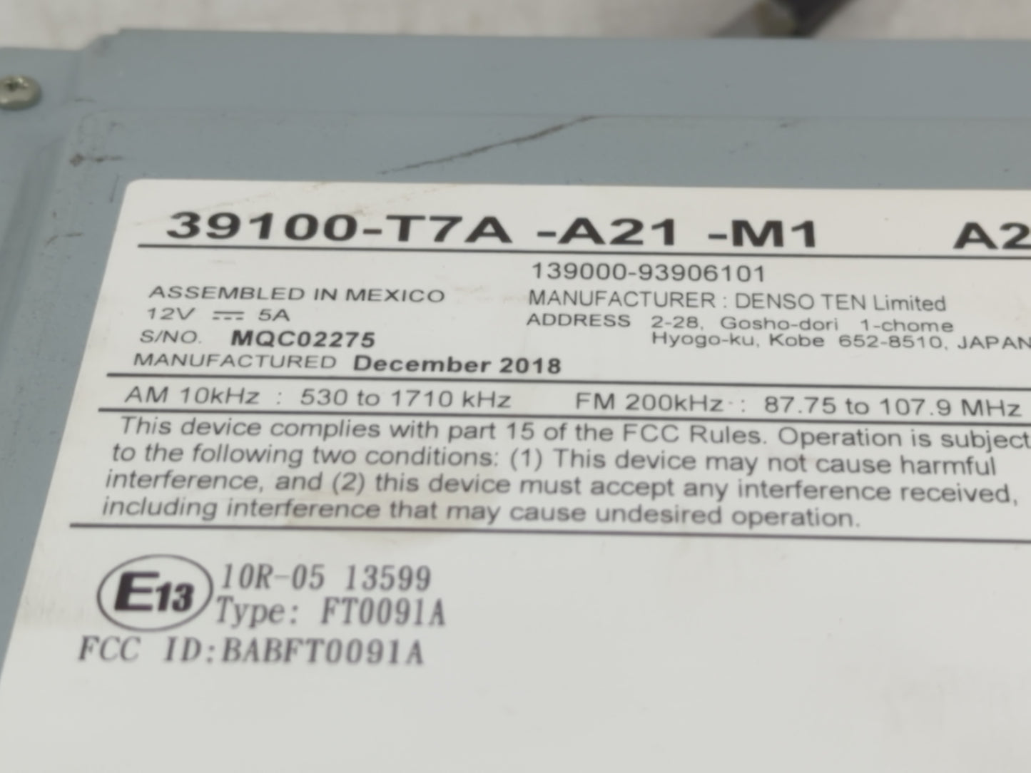 2019-2022 Honda Hr-V Radio AM FM Cd Player Receiver Replacement P/N:39100-T7A-A21-M1 Fits Fits 2019 2020 2021 2022 OEM Used 