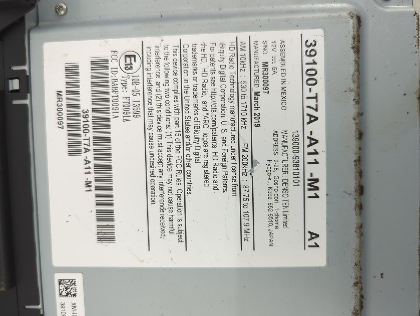 2019-2022 Honda Hr-V Radio AM FM Cd Player Receiver Replacement P/N:39100-T7A-A11-M1 139000-9810101 Fits Fits 2019 2020 2021