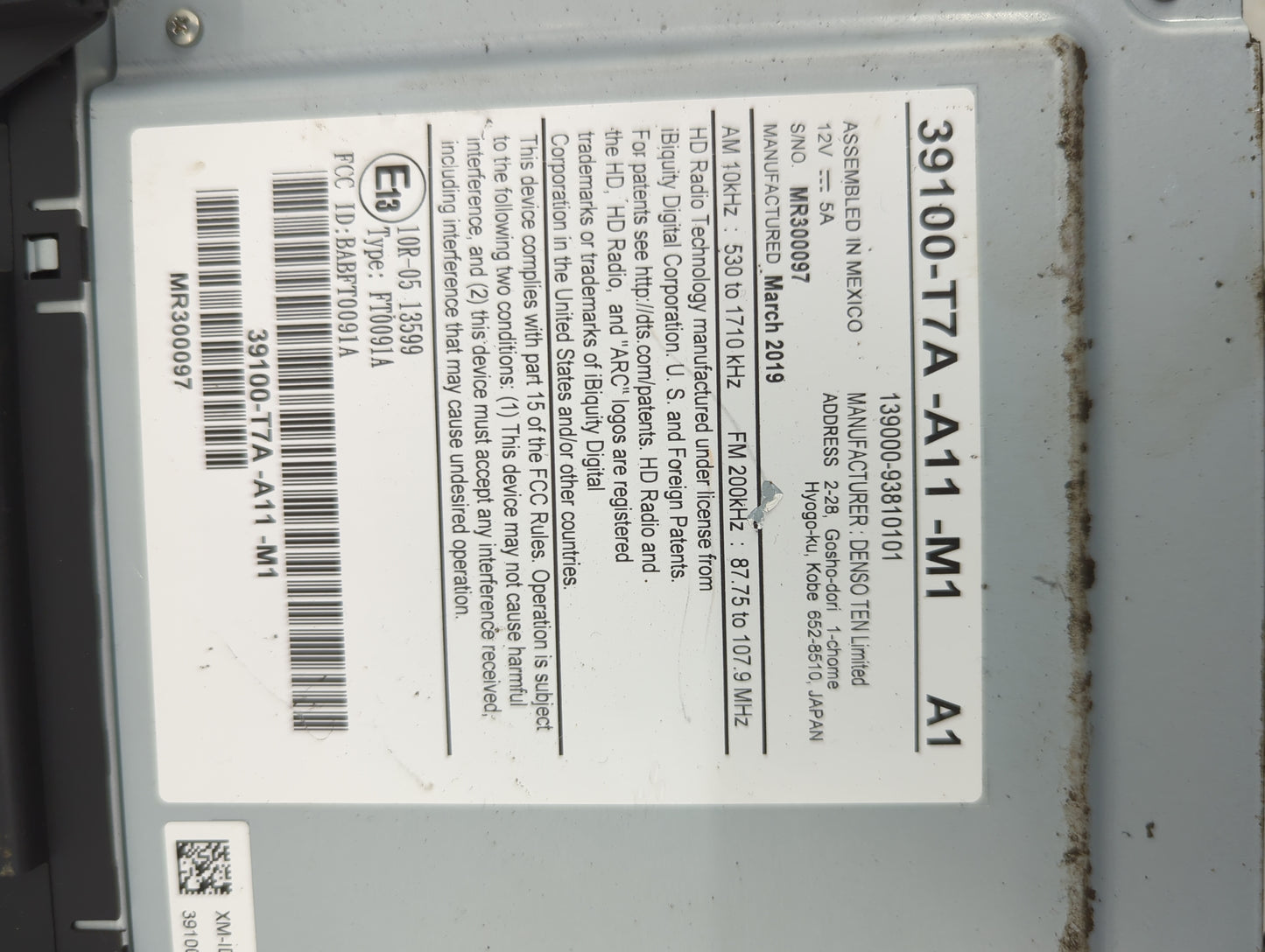 2019-2022 Honda Hr-V Radio AM FM Cd Player Receiver Replacement P/N:39100-T7A-A11-M1 139000-9810101 Fits Fits 2019 2020 2021