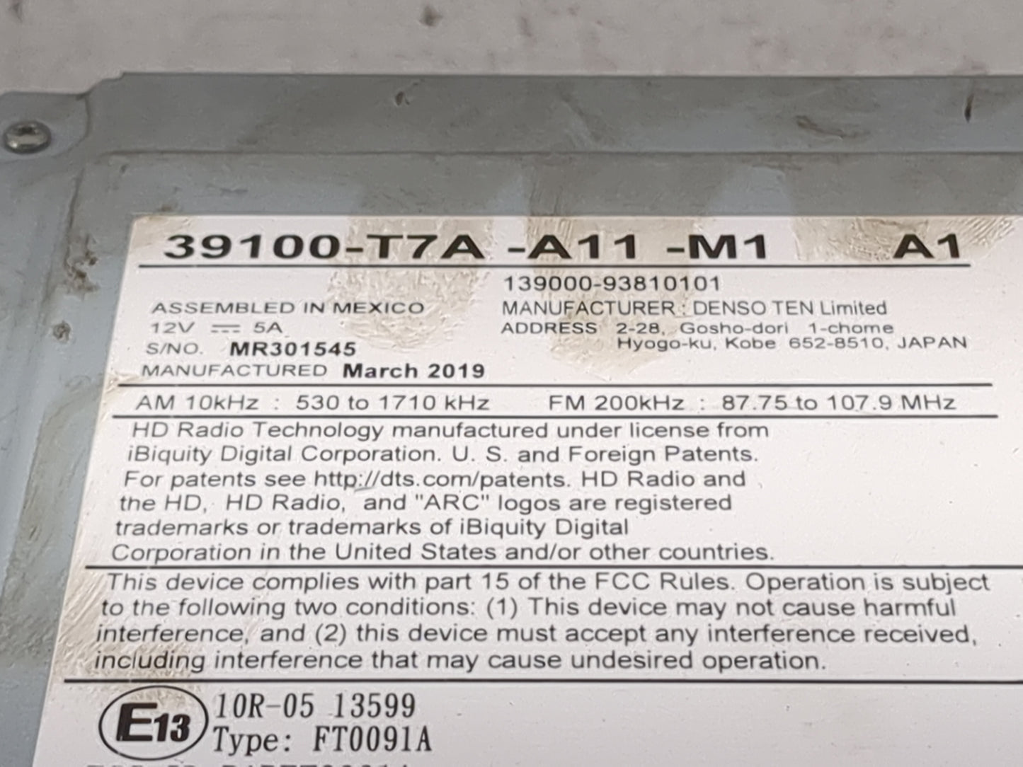2019-2022 Honda Hr-V Radio AM FM Cd Player Receiver Replacement P/N:39100-T7A-A11-M1 139000-93810101 Fits Fits 2019 2020 202