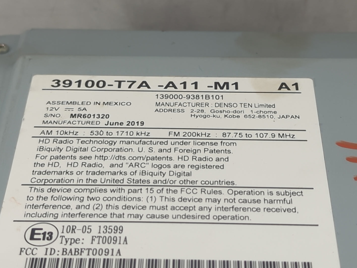 2019-2022 Honda Hr-V Radio AM FM Cd Player Receiver Replacement P/N:39100-T7A-A11-M1 139000-9381B101 Fits Fits 2019 2020 202