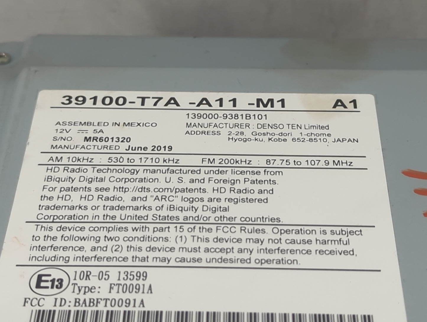 2019-2022 Honda Hr-V Radio AM FM Cd Player Receiver Replacement P/N:39100-T7A-A11-M1 139000-9381B101 Fits Fits 2019 2020 202