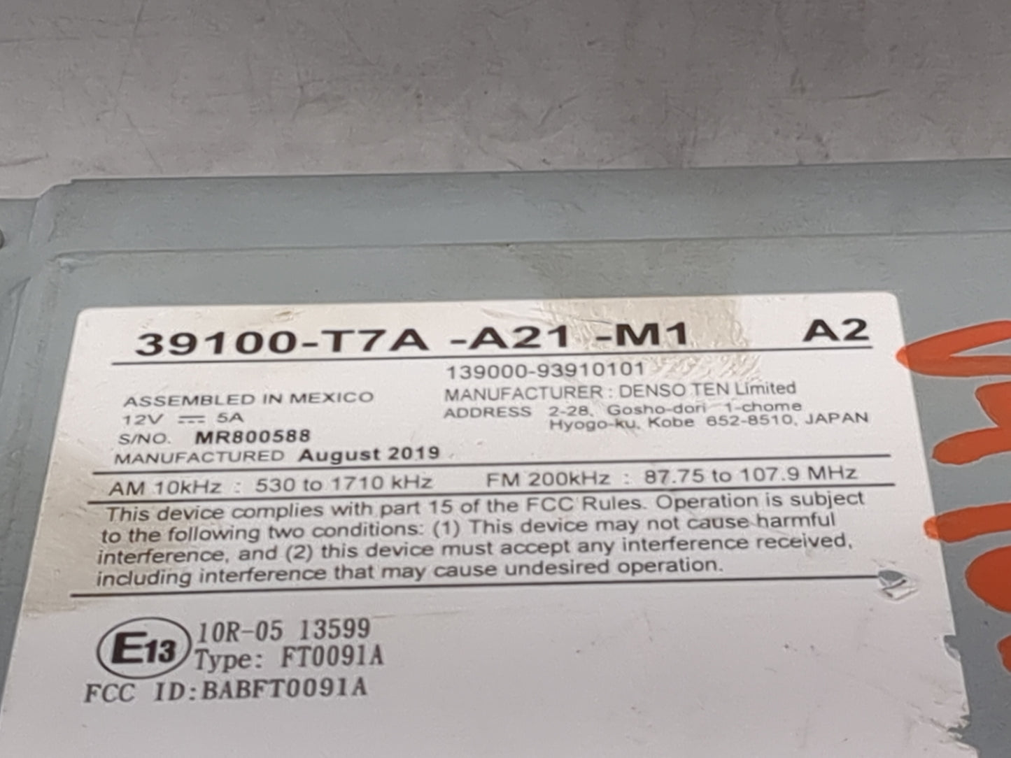 2019-2022 Honda Hr-V Radio AM FM Cd Player Receiver Replacement P/N:39100-T7A-A21-M1 139000-93910101 Fits Fits 2019 2020 202