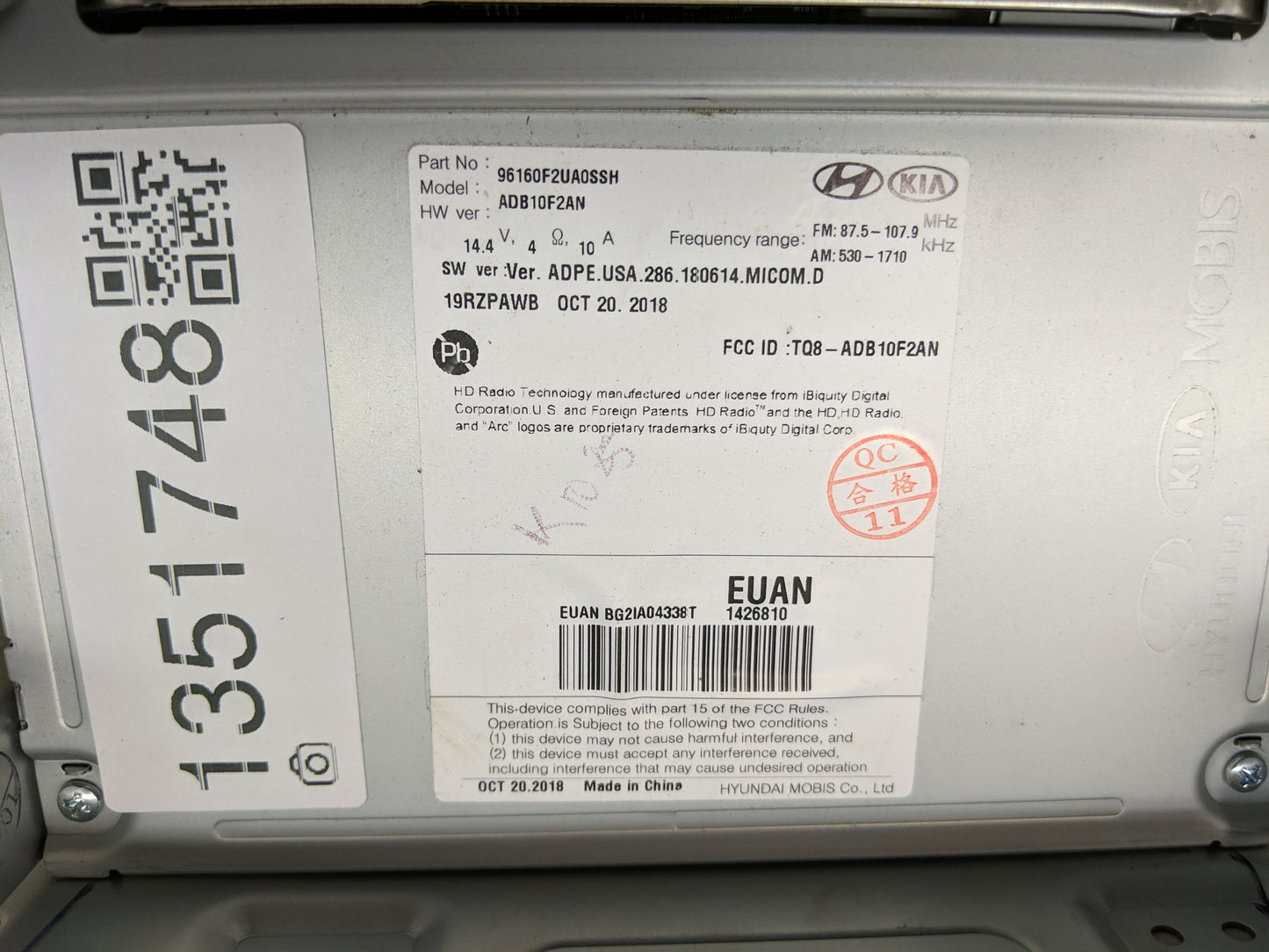 2019-2020 Hyundai Elantra Radio AM FM Cd Player Receiver Replacement P/N:96160F2UA0SSH Fits Fits 2019 2020 OEM Used Auto Par