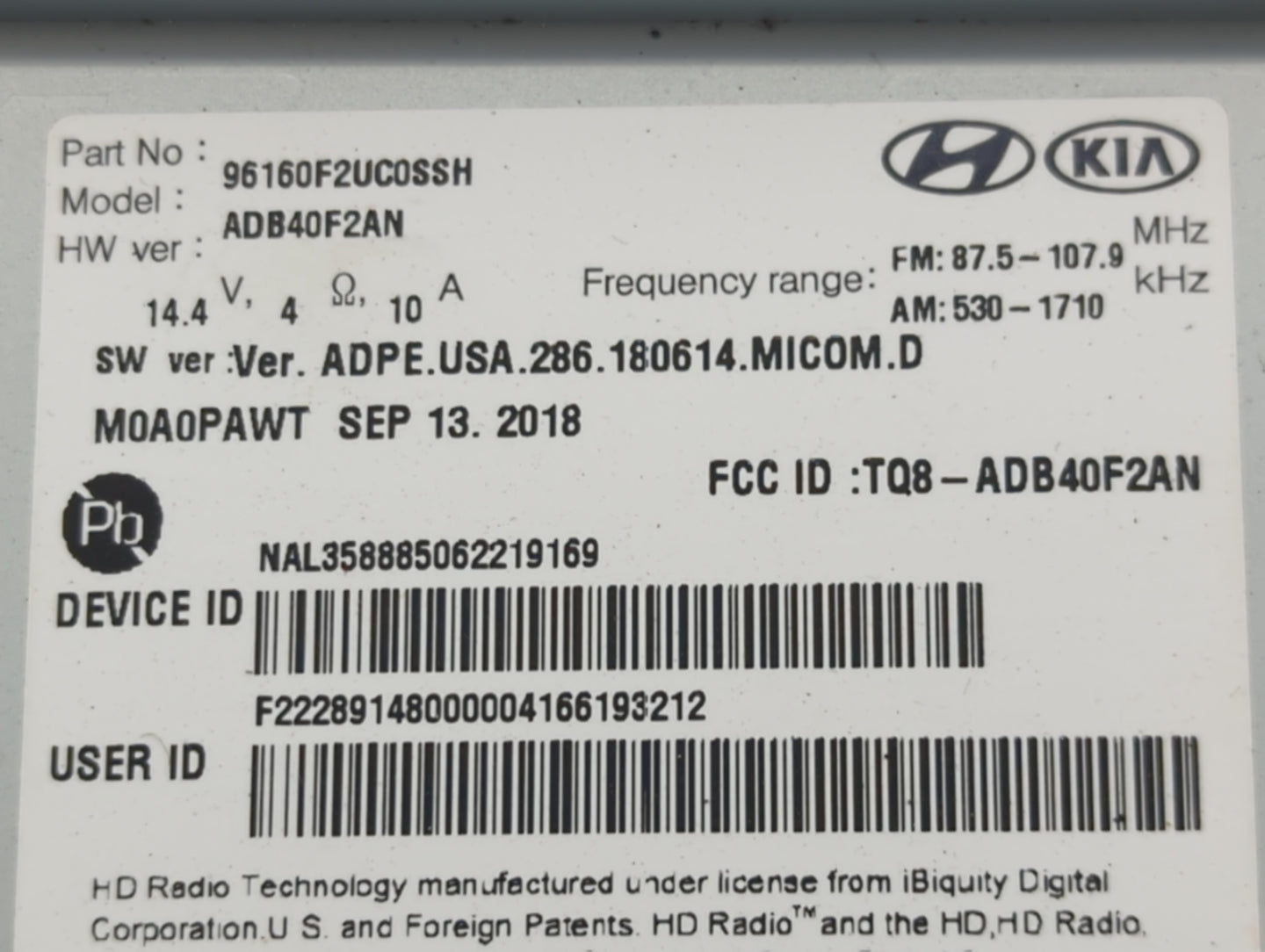 2019-2020 Hyundai Elantra Radio AM FM Cd Player Receiver Replacement P/N:96160F2UC0SSH ADB40F2AN Fits Fits 2019 2020 OEM Use