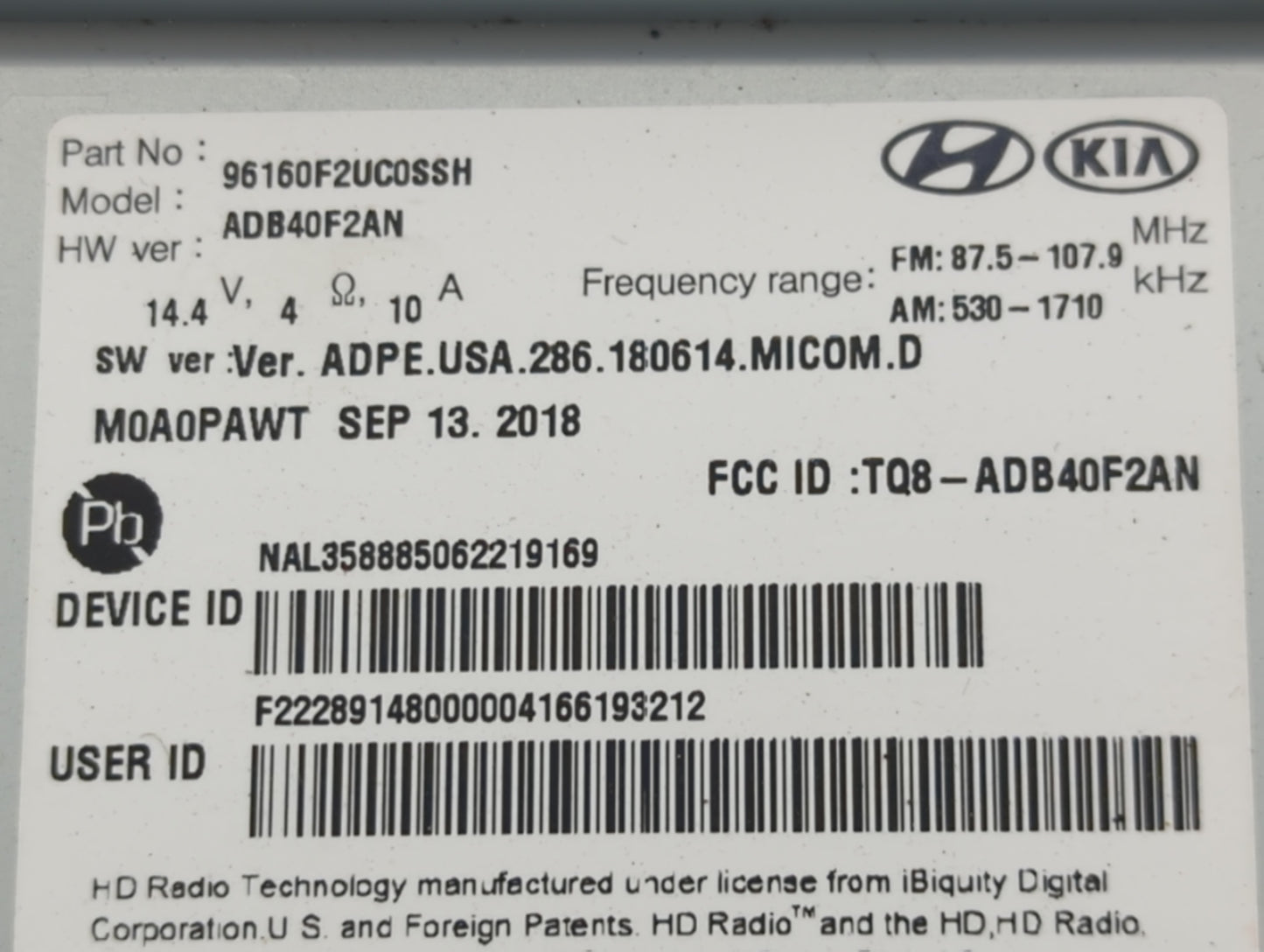 2019-2020 Hyundai Elantra Radio AM FM Cd Player Receiver Replacement P/N:96160F2UC0SSH ADB40F2AN Fits Fits 2019 2020 OEM Use