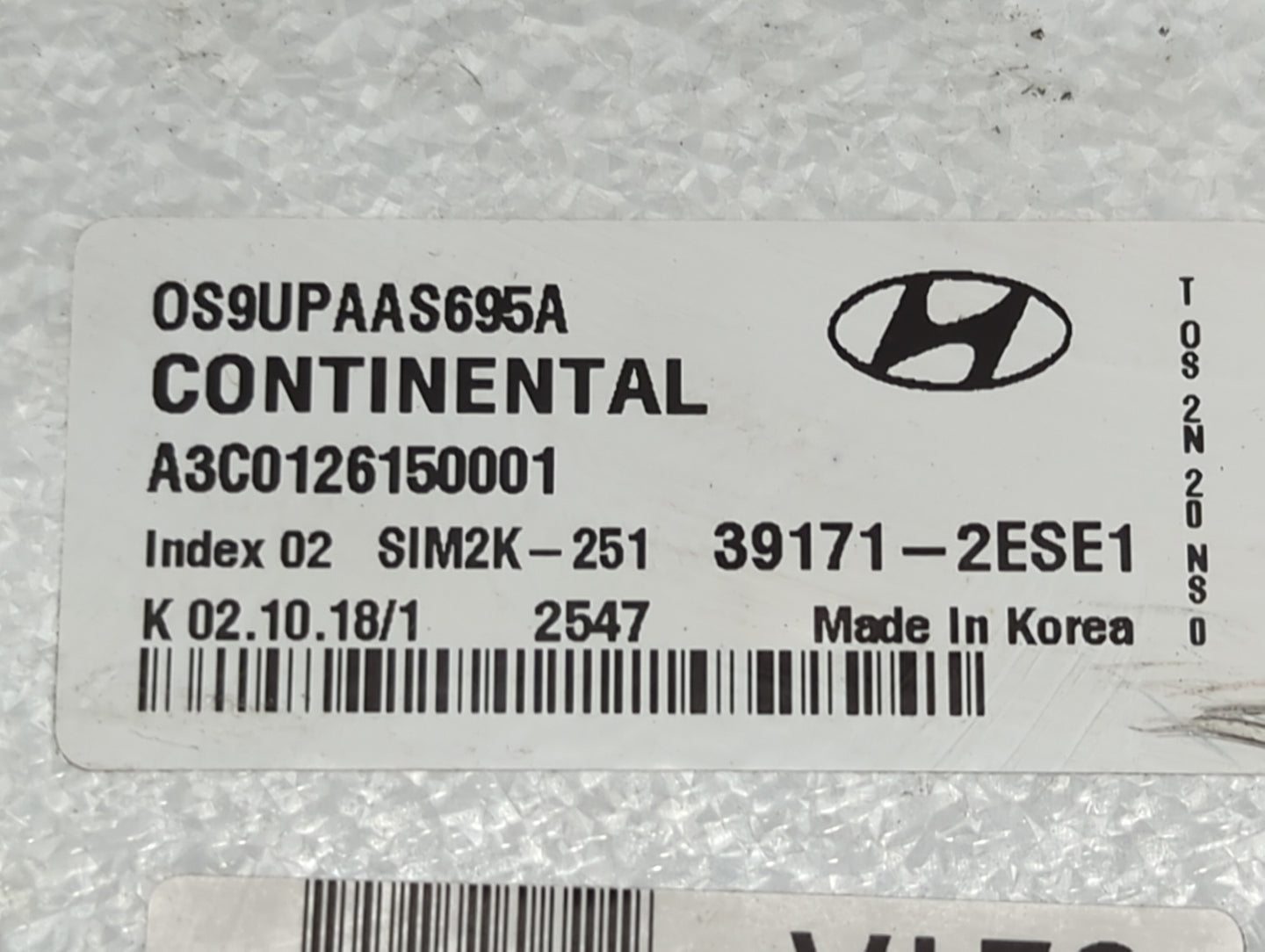 2018-2021 Hyundai Kona PCM Engine Control Computer ECU ECM PCU OEM P/N:39171-2ESE1 OS9UPAAS695A Fits Fits 2018 2019 2020 202