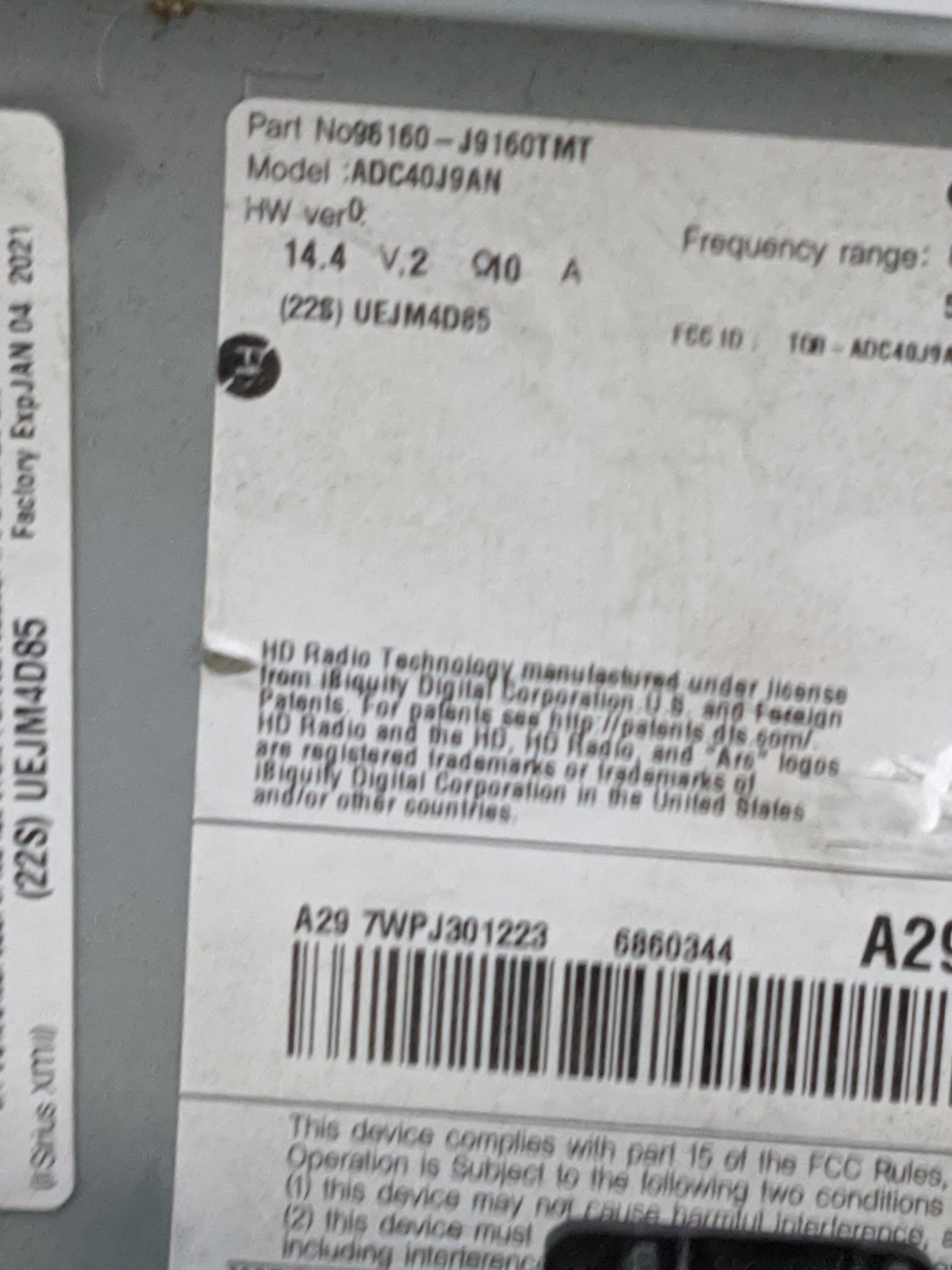 2019-2021 Hyundai Kona Radio AM FM Cd Player Receiver Replacement P/N:96160-J9160TMT ADC40J9AN Fits Fits 2019 2020 2021 OEM 