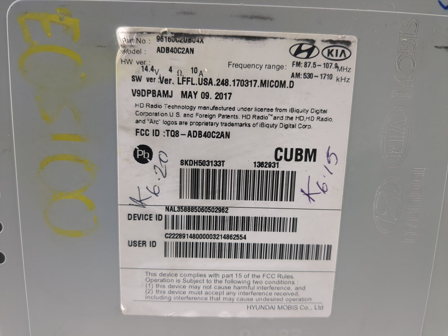 2018-2019 Hyundai Sonata Radio AM FM Cd Player Receiver Replacement P/N:96160C2UB04X Fits Fits 2018 2019 OEM Used Auto Parts