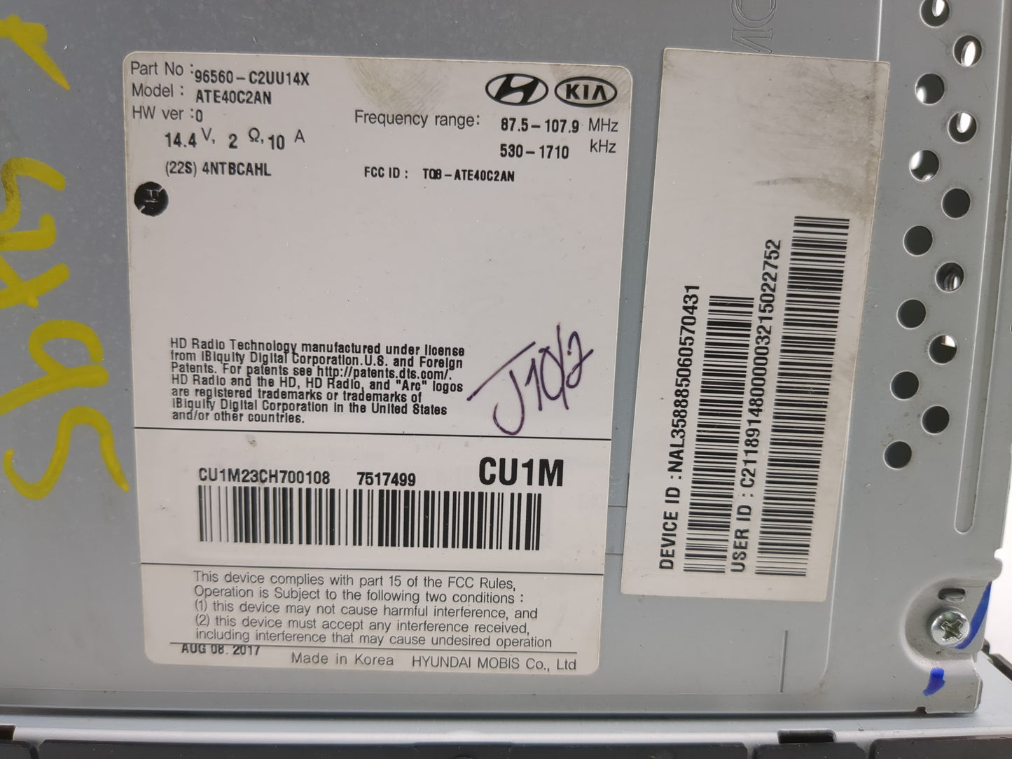 2018-2019 Hyundai Sonata Radio AM FM Cd Player Receiver Replacement P/N:96560-C2UU14X Fits Fits 2018 2019 OEM Used Auto Part