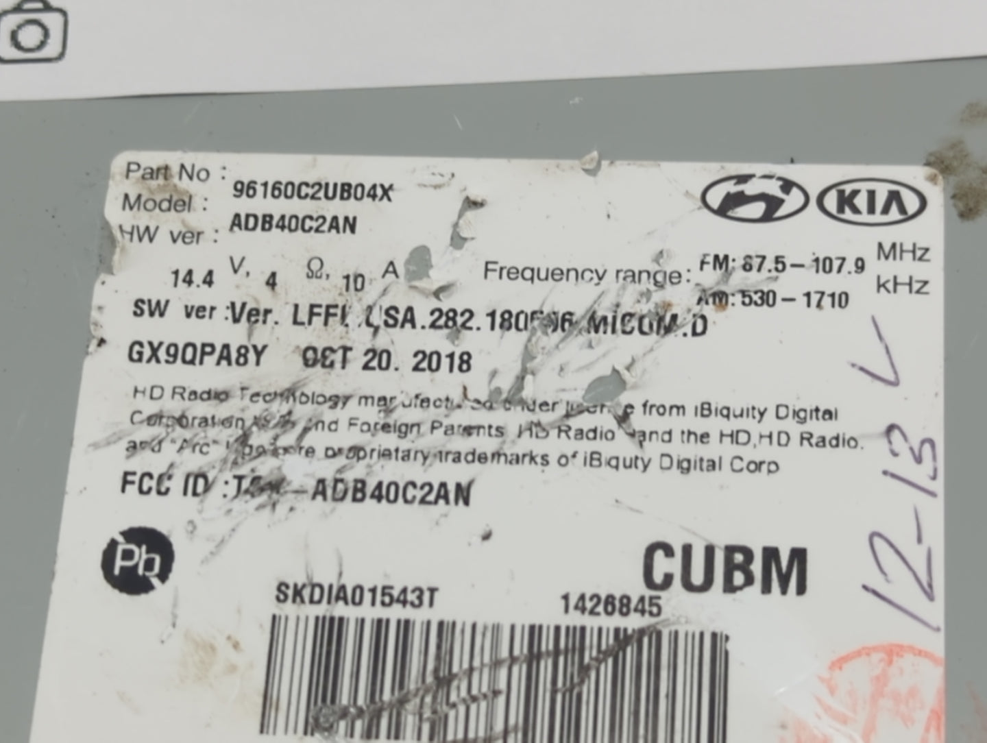 2018-2019 Hyundai Sonata Radio AM FM Cd Player Receiver Replacement P/N:96160C2UB04X Fits Fits 2018 2019 OEM Used Auto Parts