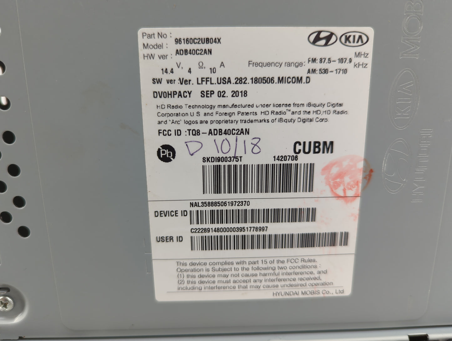 2018-2019 Hyundai Sonata Radio AM FM Cd Player Receiver Replacement P/N:96160C2UB04X Fits Fits 2018 2019 OEM Used Auto Parts