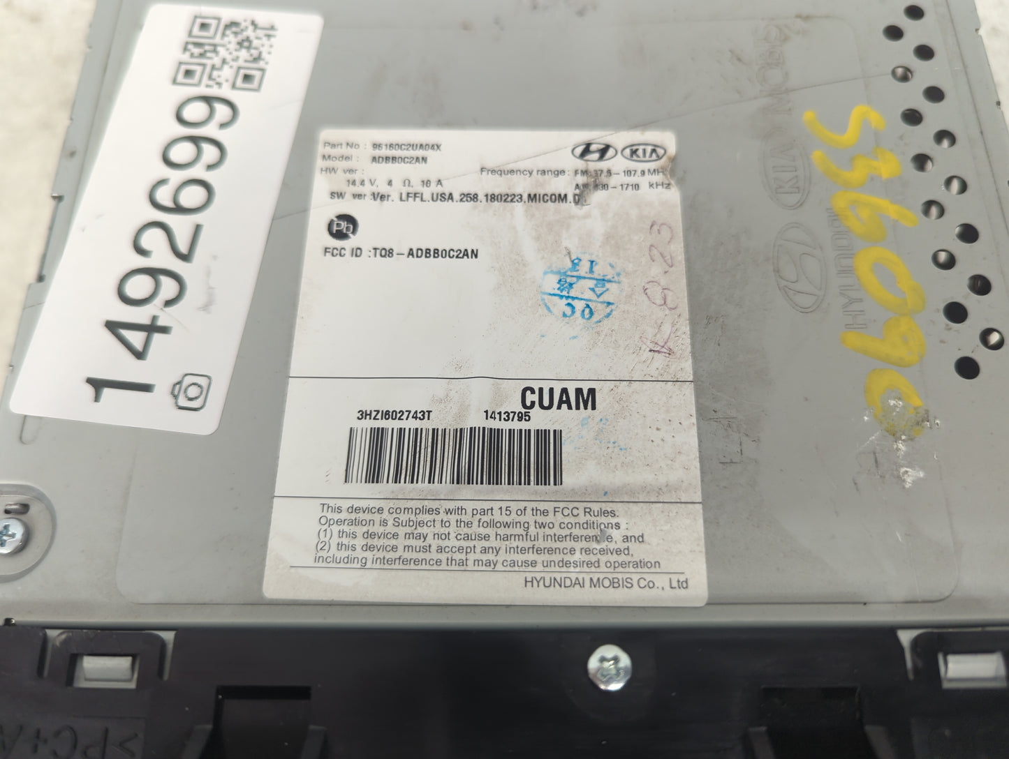 2018-2019 Hyundai Sonata Radio AM FM Cd Player Receiver Replacement P/N:96160C2UA04X ADBB0C2AN, TQ8-ADBB0C2AN Fits Fits 2018