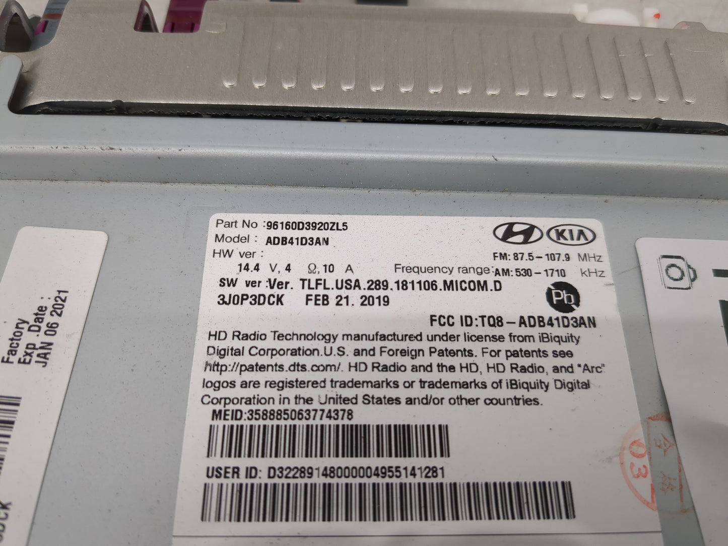 2019-2021 Hyundai Tucson Radio AM FM Cd Player Receiver Replacement P/N:96160D3920ZL5 Fits Fits 2019 2020 2021 OEM Used Auto