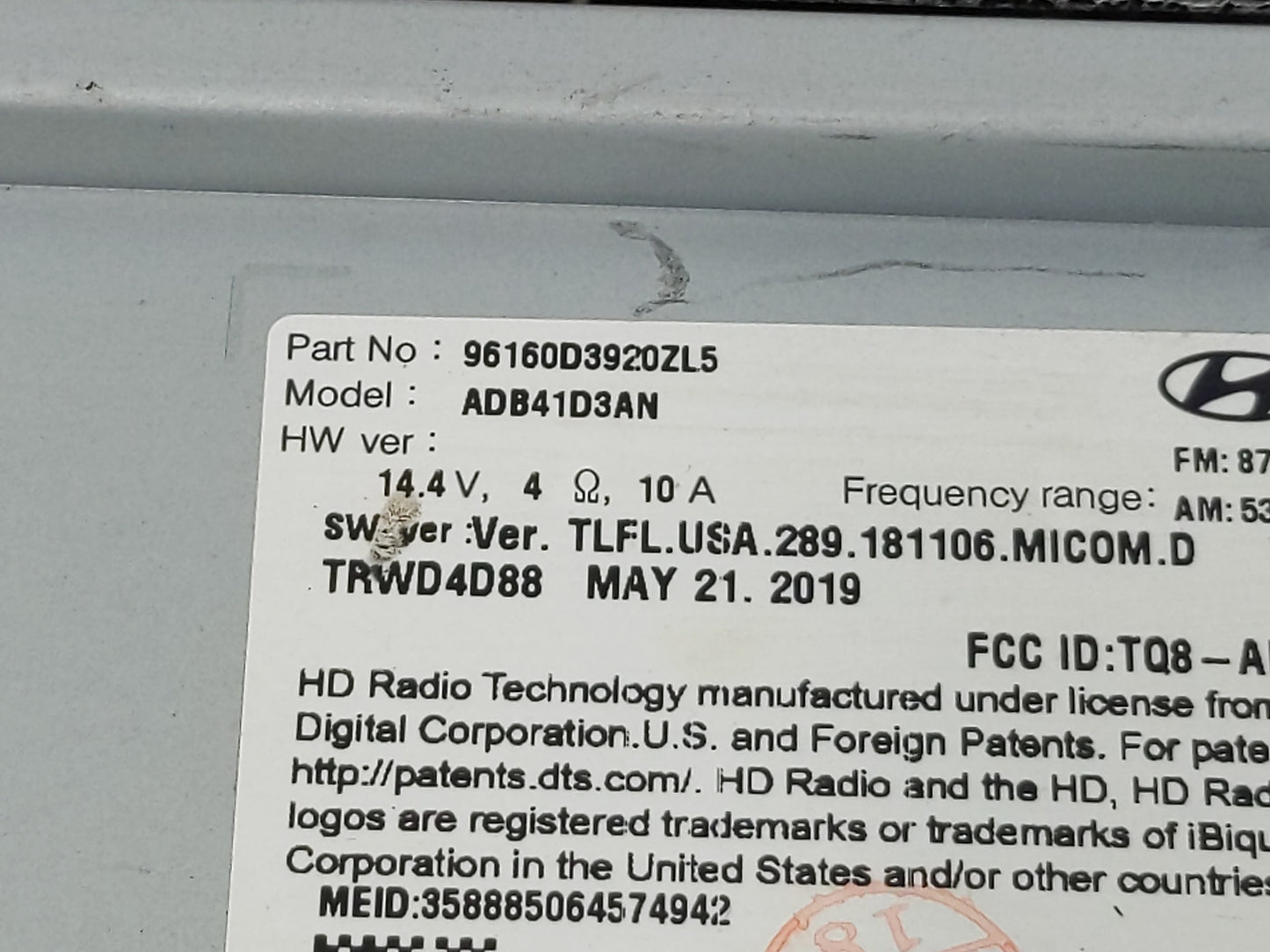 2019-2021 Hyundai Tucson Radio AM FM Cd Player Receiver Replacement P/N:96160D3920ZL5 Fits Fits 2019 2020 2021 OEM Used Auto