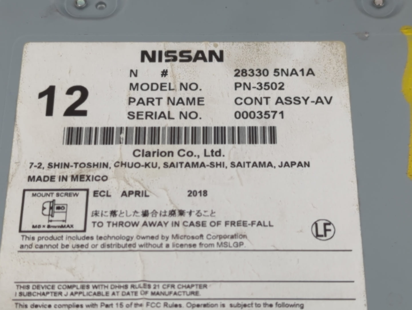 2019-2020 Infiniti Qx50 Radio AM FM Cd Player Receiver Replacement P/N:28330 BNA1A Fits Fits 2019 2020 OEM Used Auto Parts -