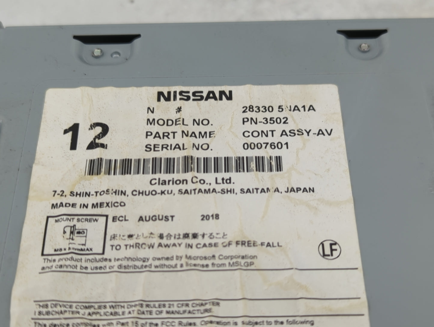 2019-2020 Infiniti Qx50 Radio AM FM Cd Player Receiver Replacement P/N:28330 5NA1A PN-3502 Fits Fits 2019 2020 OEM Used Auto