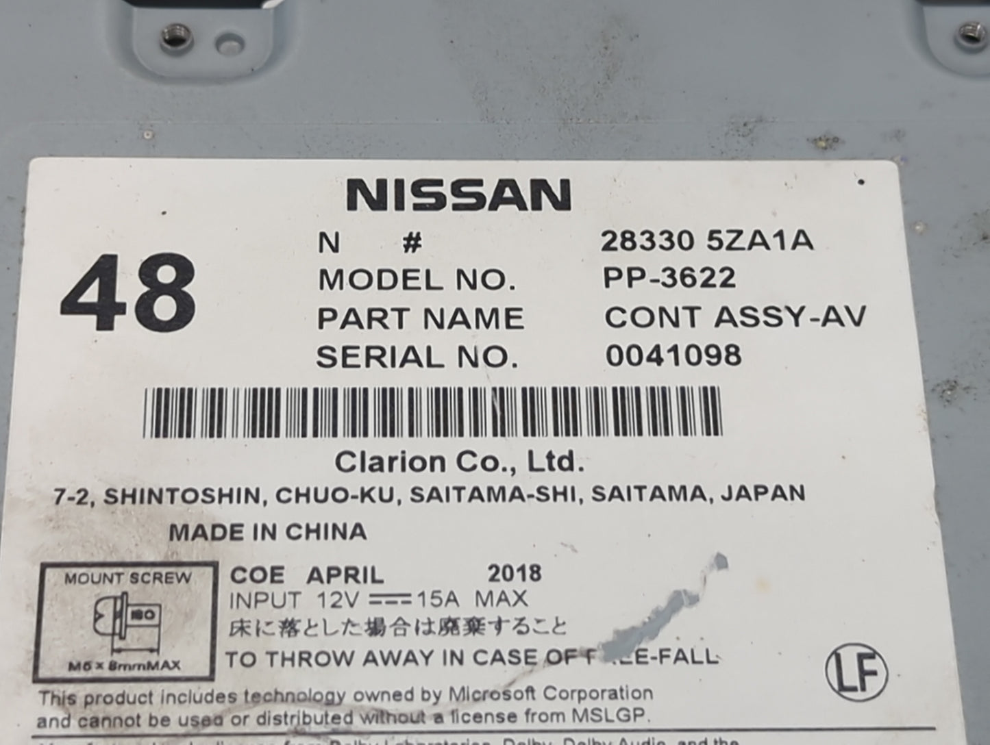 2017-2020 Infiniti Qx60 Radio AM FM Cd Player Receiver Replacement P/N:28330-5ZA1A Fits Fits 2017 2018 2019 2020 OEM Used Au